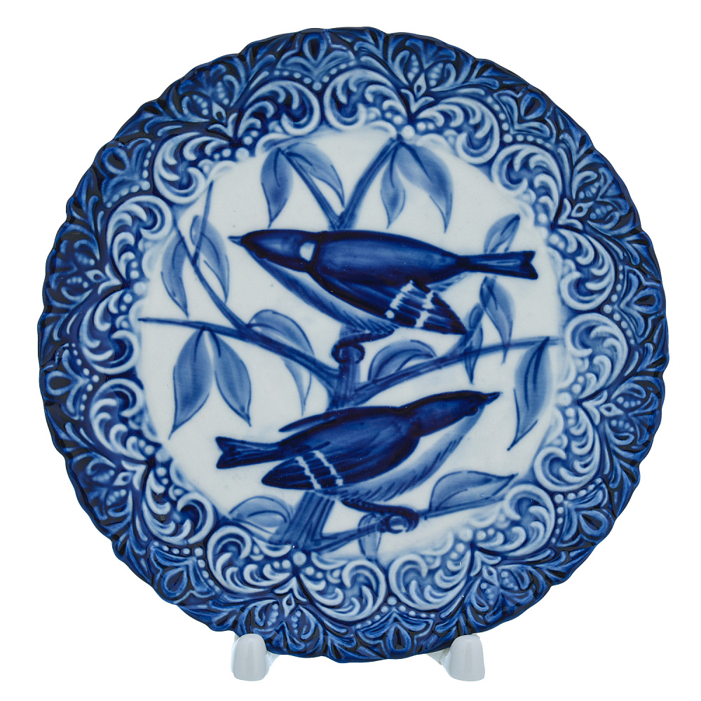 Тарелка сувенирная настенная «Птицы синицы». Гжель - интернет магазин Русь Велика я 