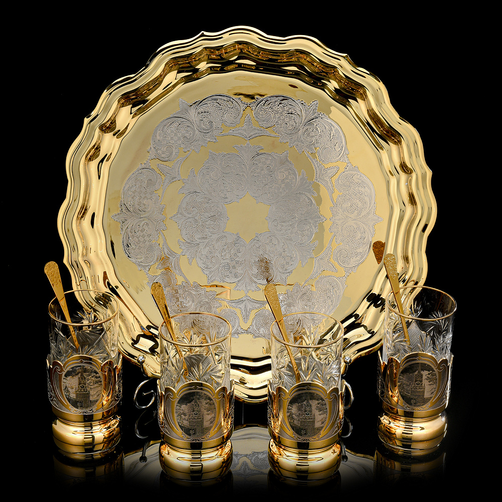 Чайный набор с подстаканниками «Москва. Спасская башня». Златоуст - интернет магазин Русь Велика я 