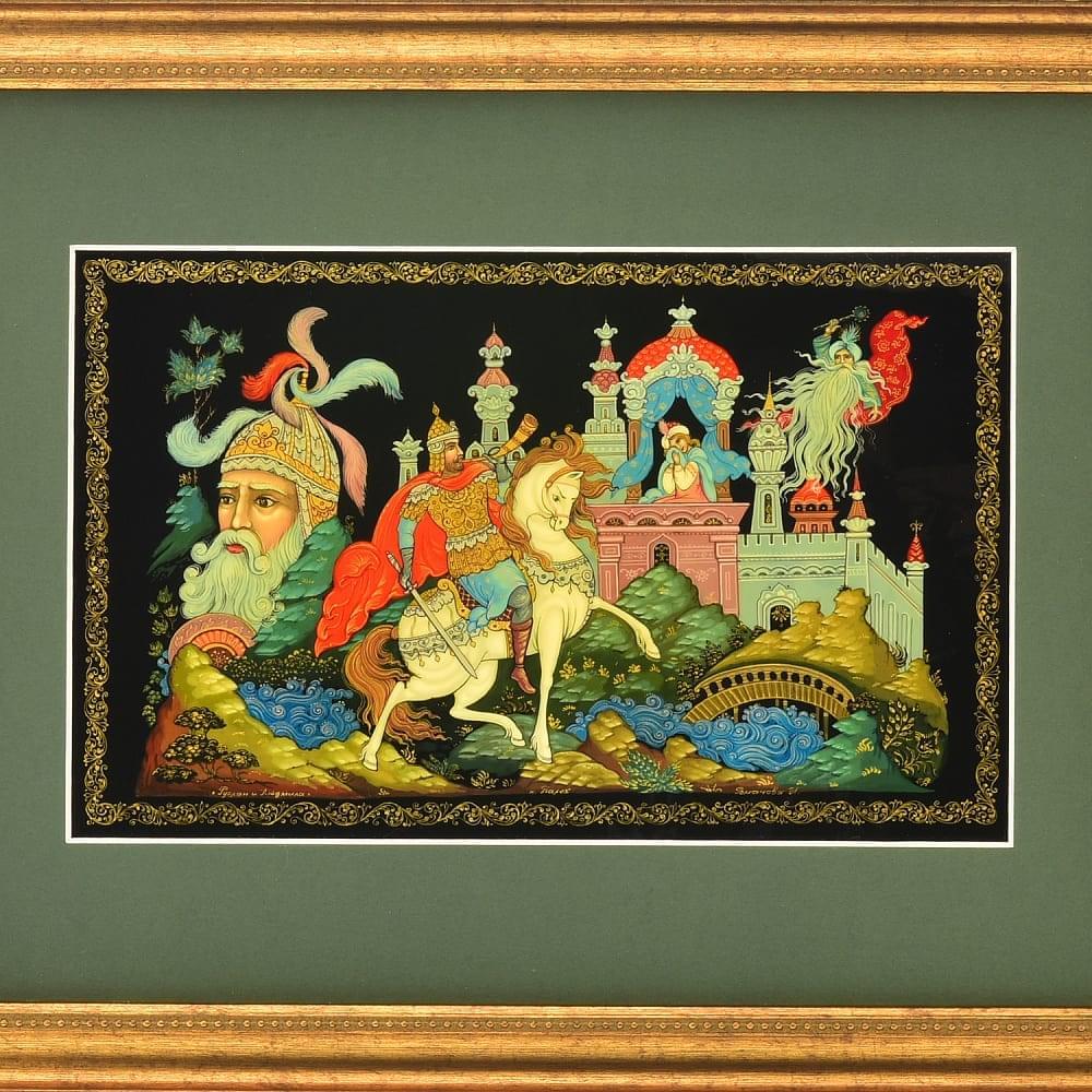 Лаковая миниатюра Панно из папье-маше «Руслан и голова» Палех 45 х 33 см - интернет магазин Русь Велика я фото 1