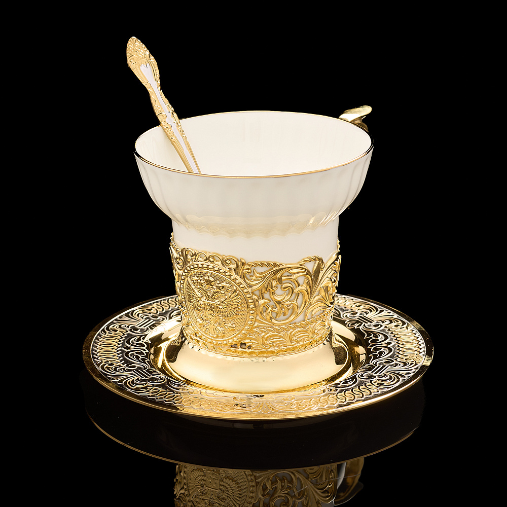 Чайная пара с позолотой и эмалью «Герб РФ». Златоуст - интернет магазин Русь Велика я фото 1