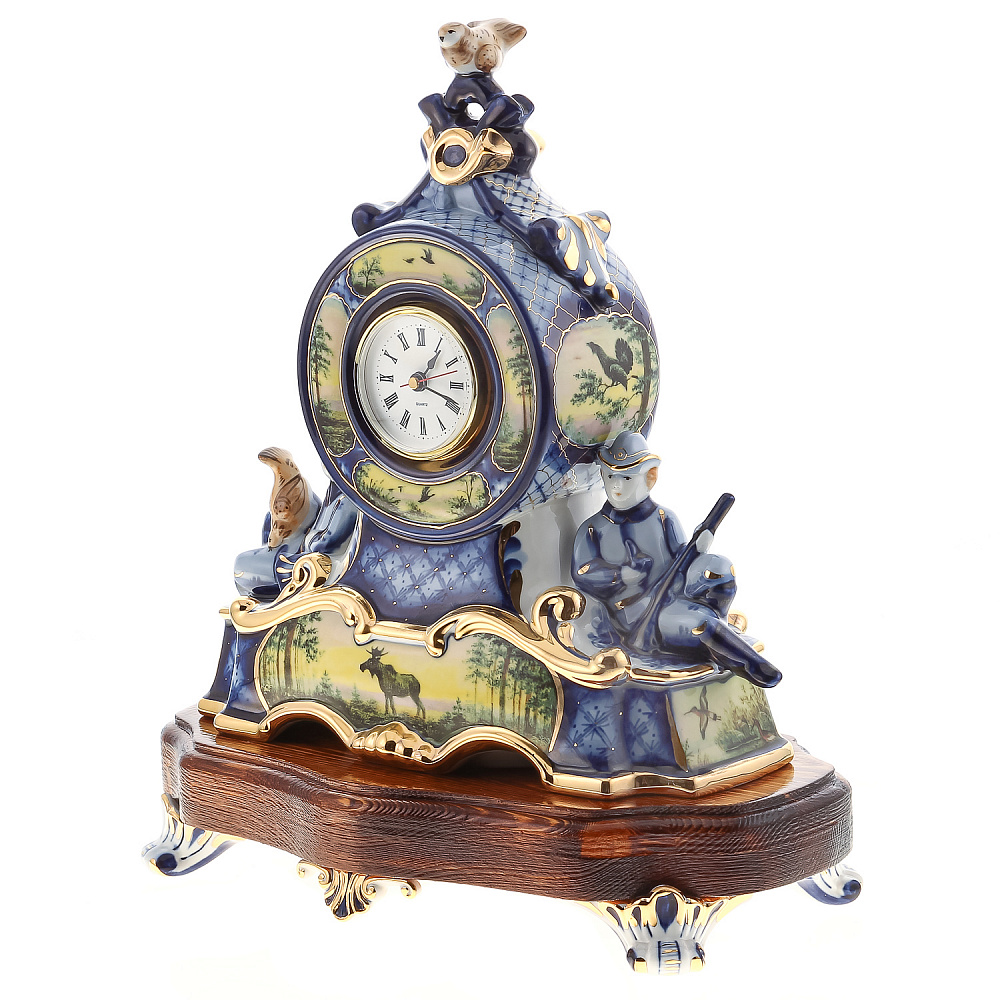 Часы настольные «Охота». Гжель в цвете и золоте. Фарфор Гжель - интернет магазин Русь Велика я фото 1