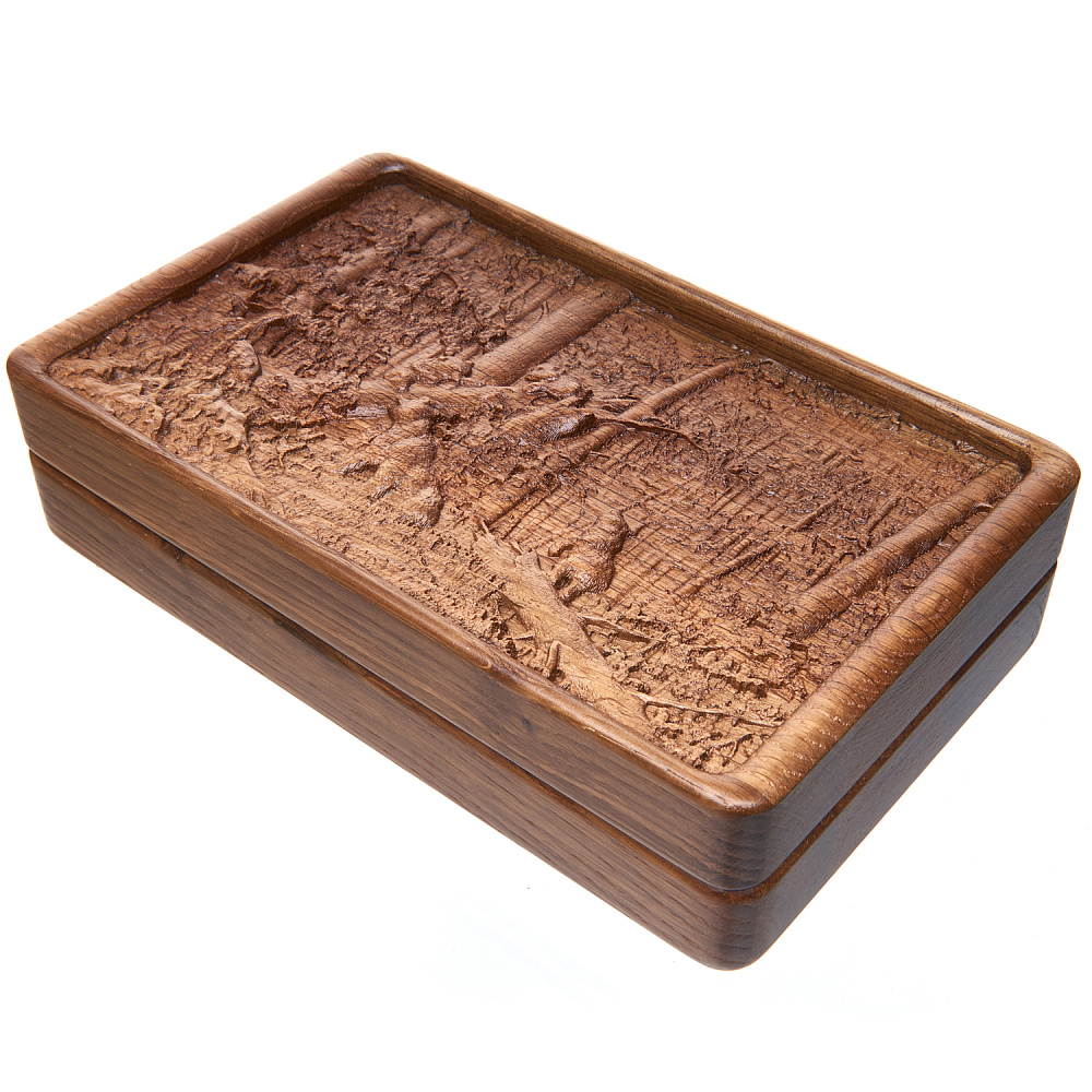 0053583 Домино D6 в резной дубовой шкатулке «УТРО В СОСНОВОМ ЛЕСУ» RTD-303.M - интернет магазин Русь Велика я 