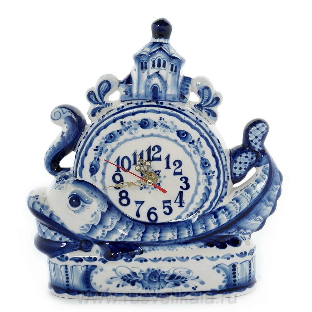 Часы настольные «Рыба-кит» Гжель - интернет магазин Русь Велика я 