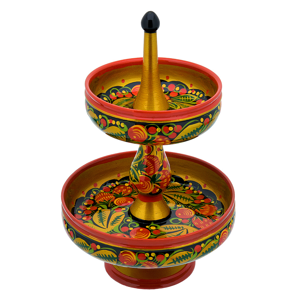 Конфетница двухъярусная «Клубника». Хохлома - интернет магазин Русь Велика я фото 1