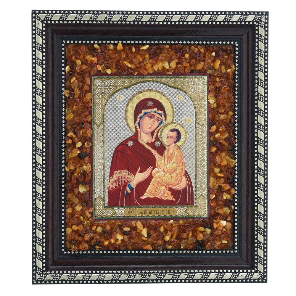 Икона янтарная «Божья Матерь Тихвинская» 22х19 см - интернет магазин Русь Велика я 