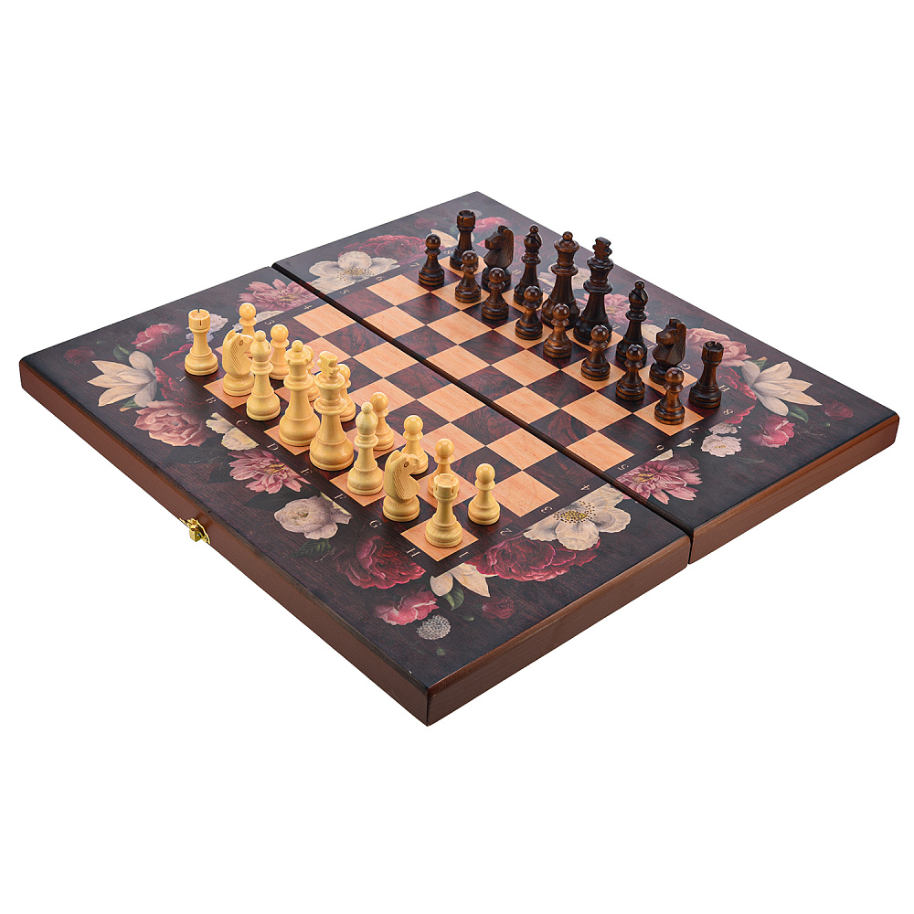 Шахматы-нарды-шашки деревянные «Цветы» 50х50 см - интернет магазин Русь Велика я 