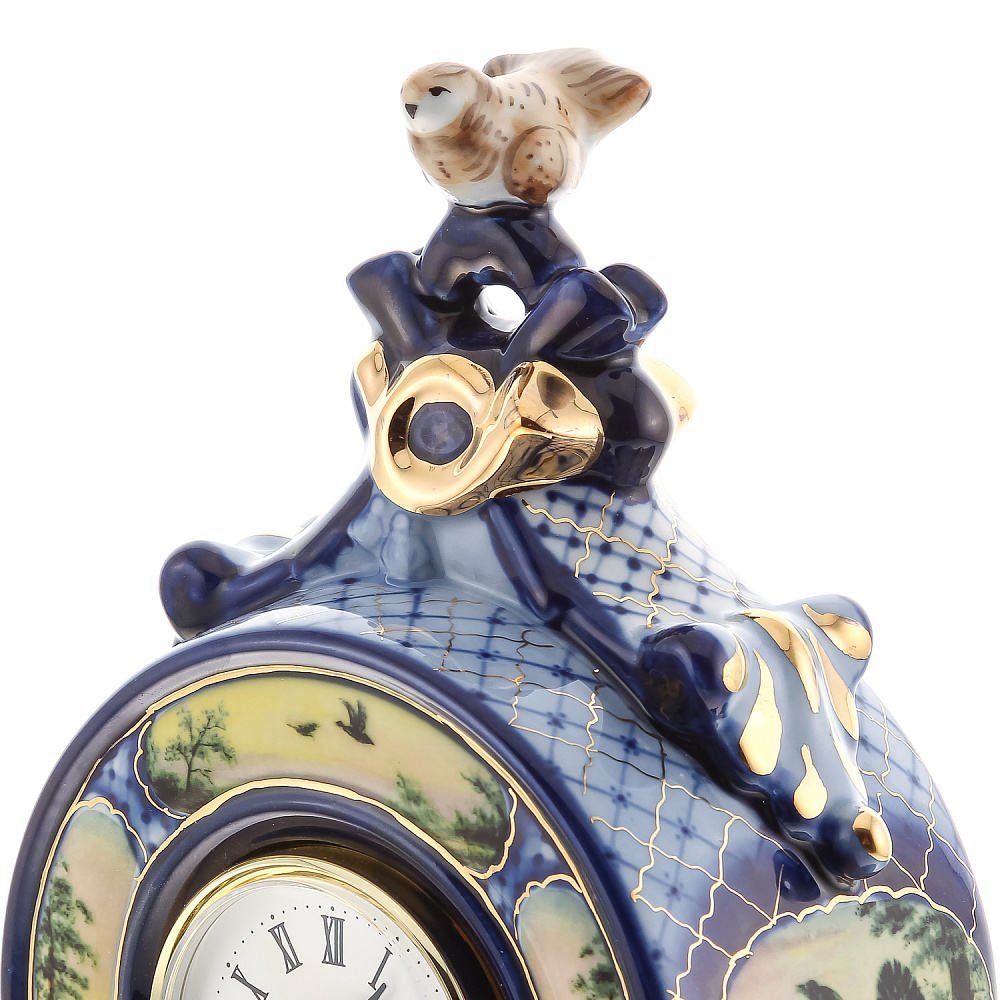 Часы настольные «Охота». Гжель в цвете и золоте. Фарфор Гжель - интернет магазин Русь Велика я фото 4
