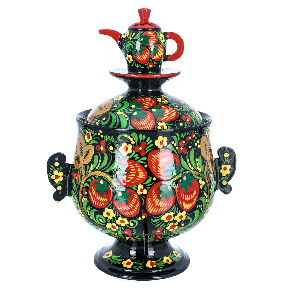 Сувенирный самовар-шкатулка «Клубника». Хохлома - интернет магазин Русь Велика я 