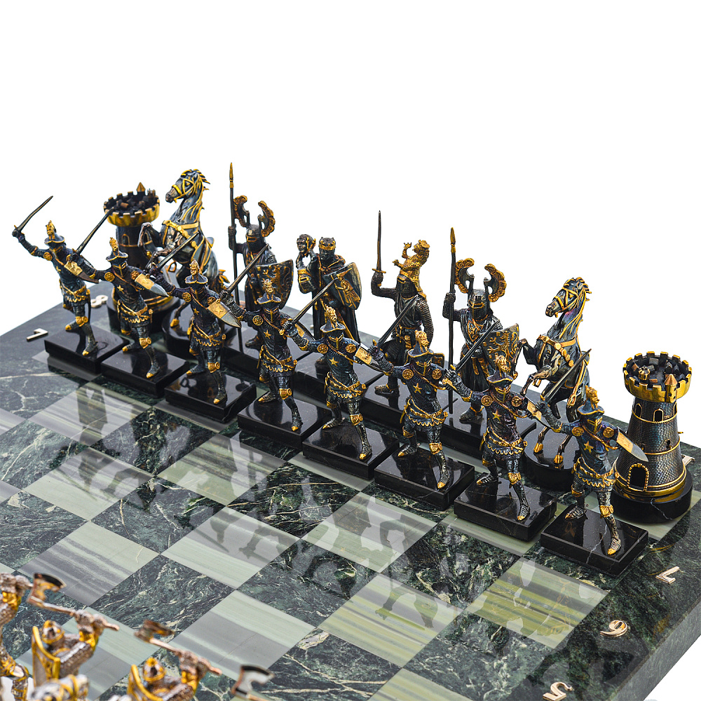 Шахматы с полем из камня и фигурами из серебра «Сражение» 38х38 см - интернет магазин Русь Велика я фото 1