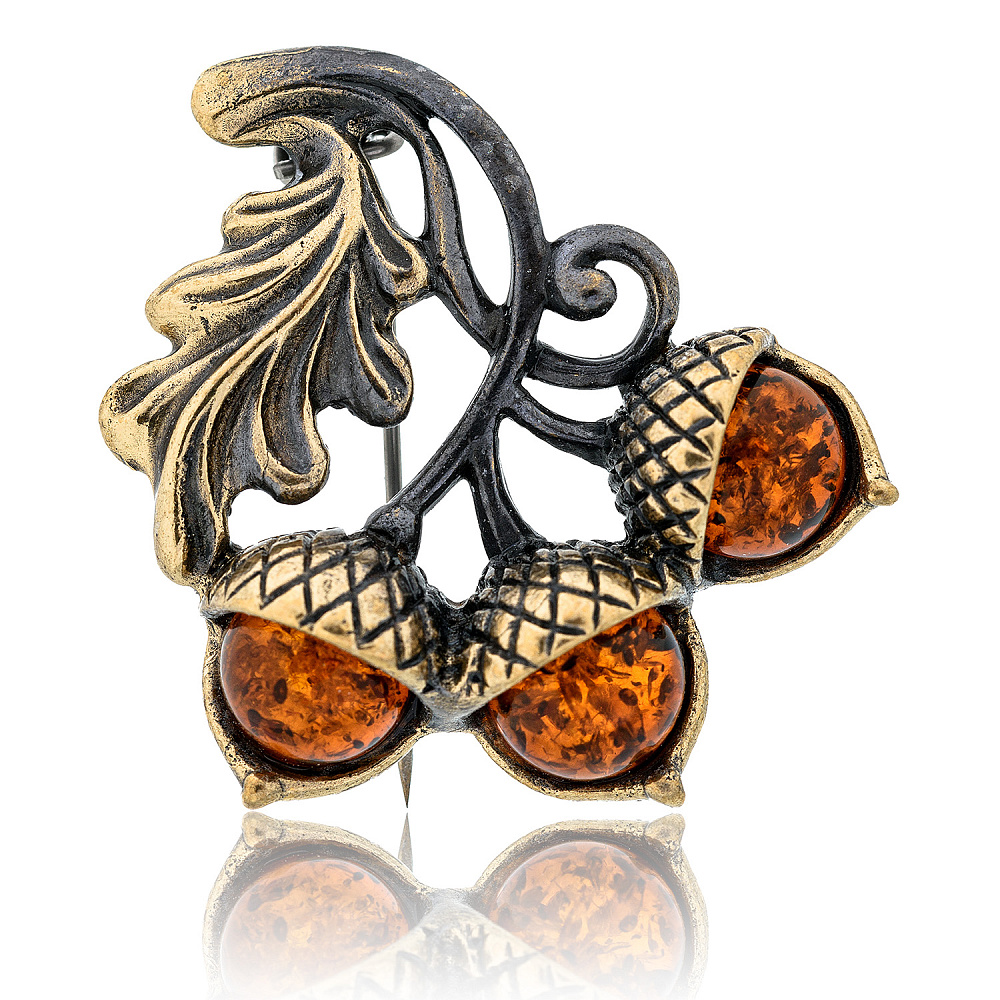 Брошь с янтарем «Желуди» - интернет магазин Русь Велика я 