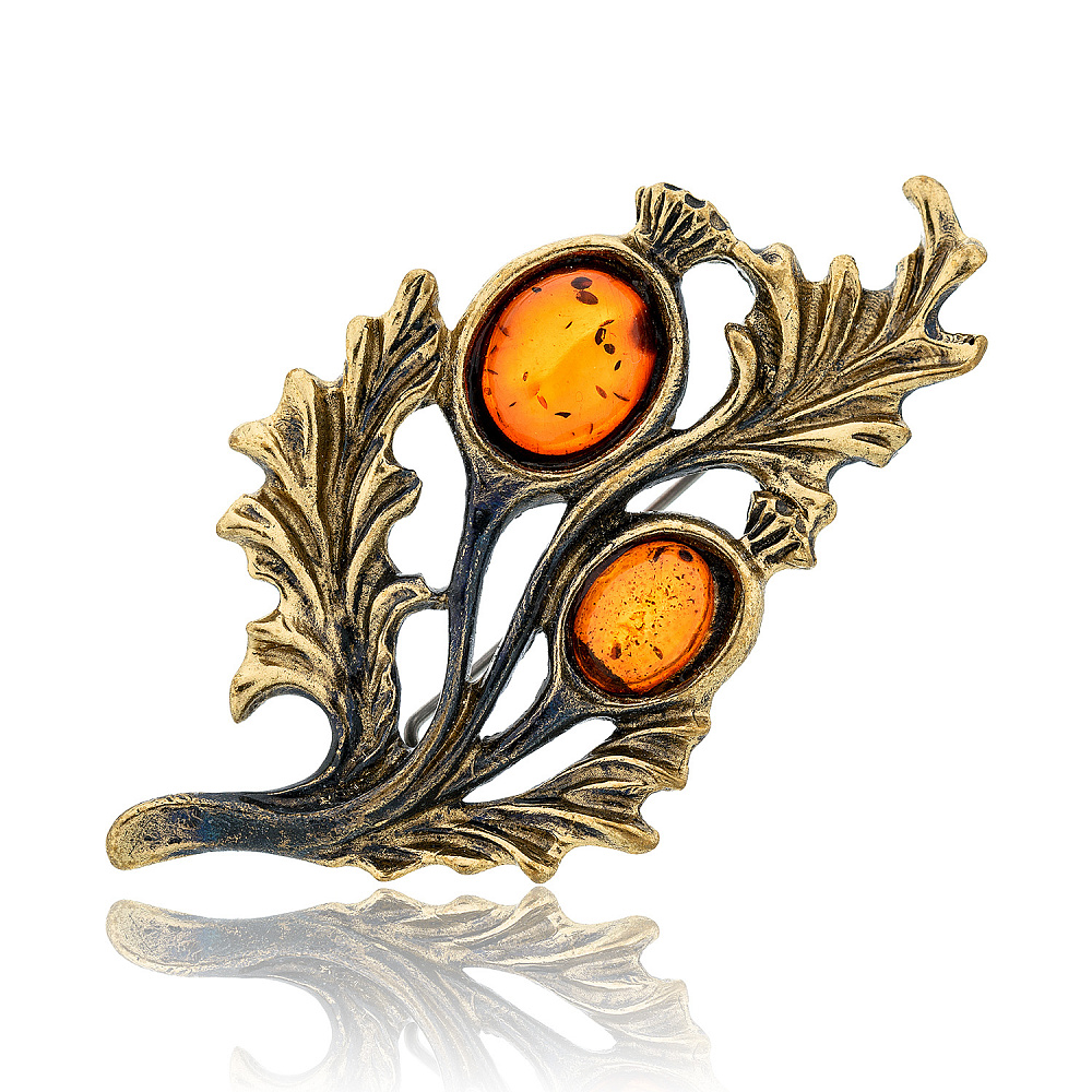 Брошь с янтарем «Веточка шиповника» - интернет магазин Русь Велика я 