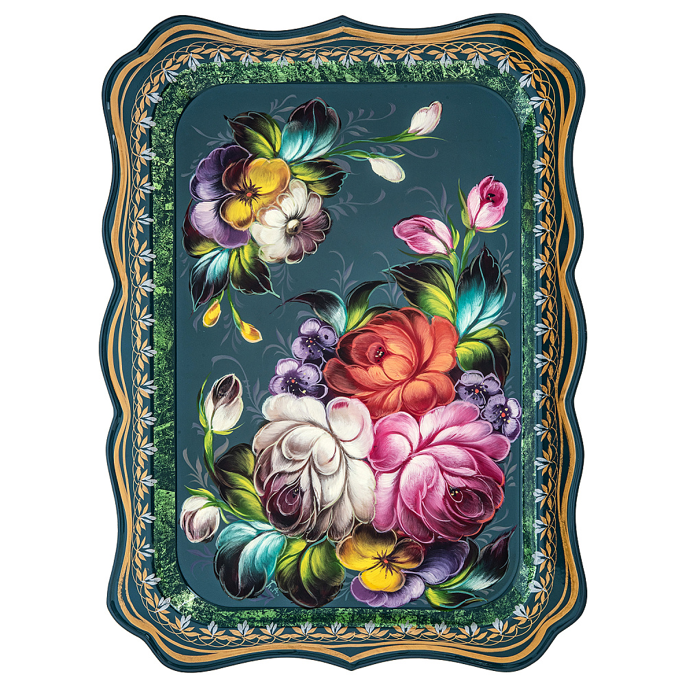 Поднос с авторской росписью «Цветы» 37х27 см - интернет магазин Русь Велика я 