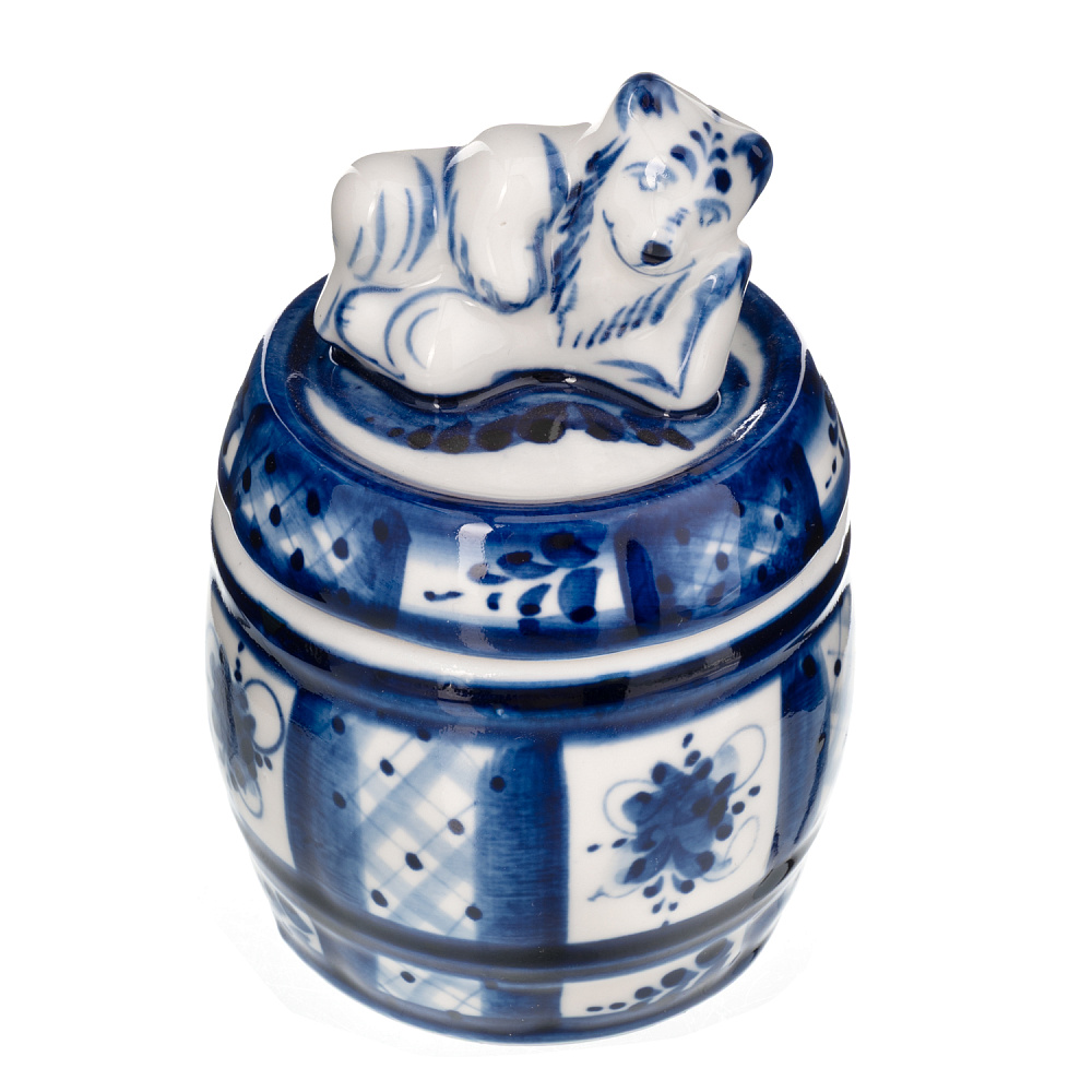 Медовница фарфоровая с росписью «Бочонок с медведем». Гжель - интернет магазин Русь Велика я фото 2
