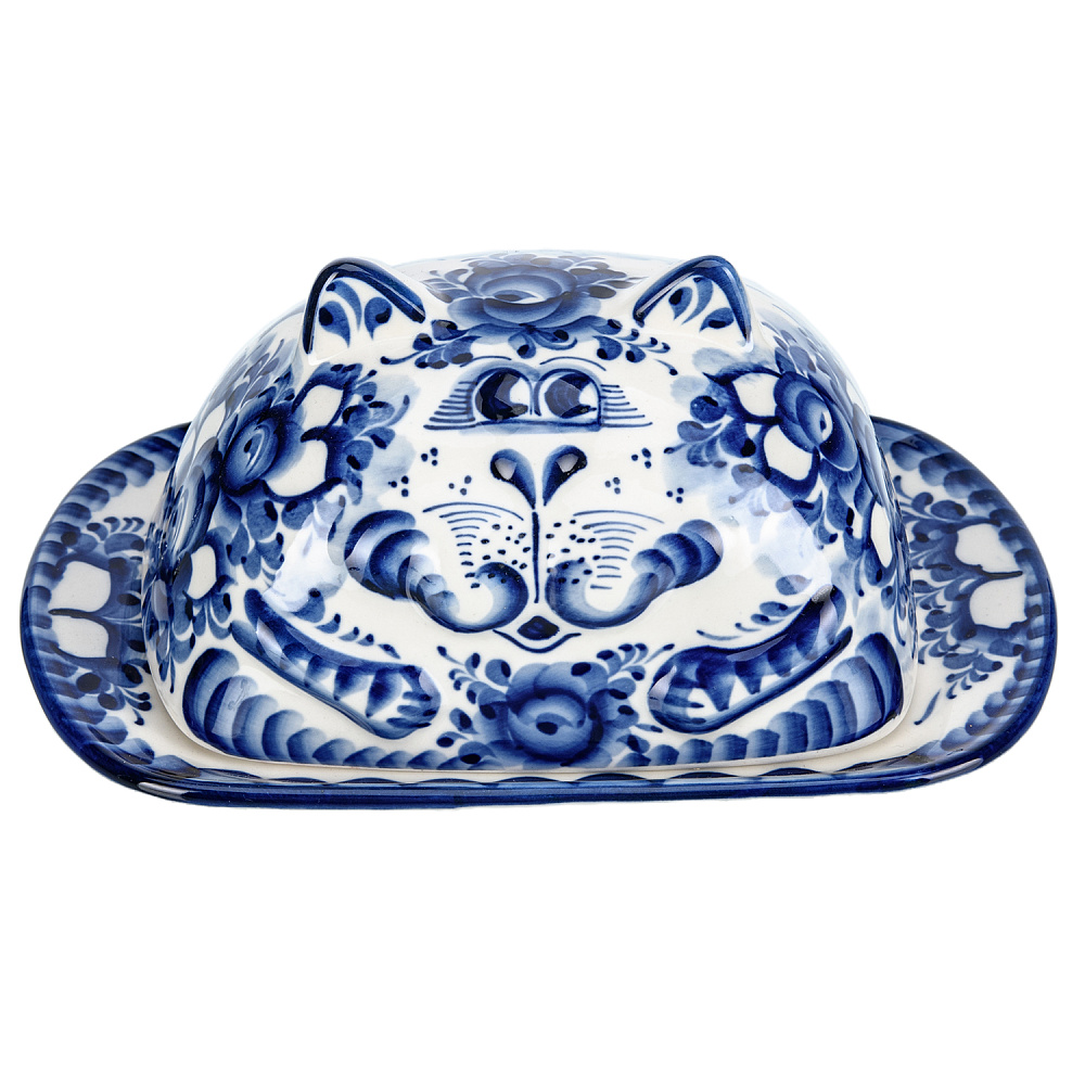 Масленка «Кот». Гжель - интернет магазин Русь Велика я 