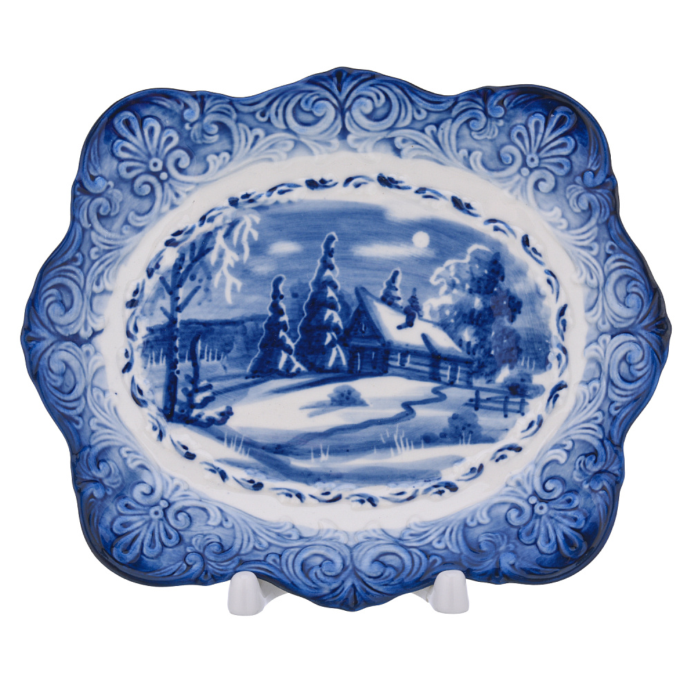 Тарелка декоративная «Зима в деревне». Гжель - интернет магазин Русь Велика я 