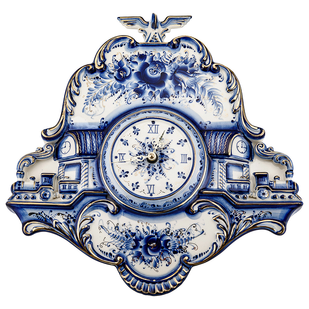 Часы настенные фарфоровые «Железнодорожные». Фарфор Гжель - интернет магазин Русь Велика я 