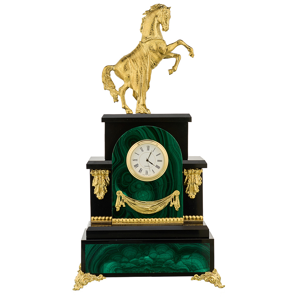 Лошадь Символ 2026 года. Часы настольные из малахита «Конь». Златоуст - интернет магазин Русь Велика я 