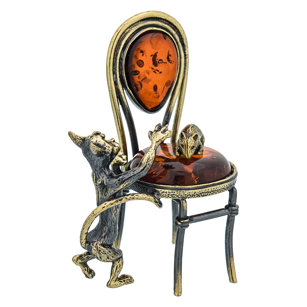 Статуэтка с янтарем «Кот и мышка на стуле» - интернет магазин Русь Велика я фото 1