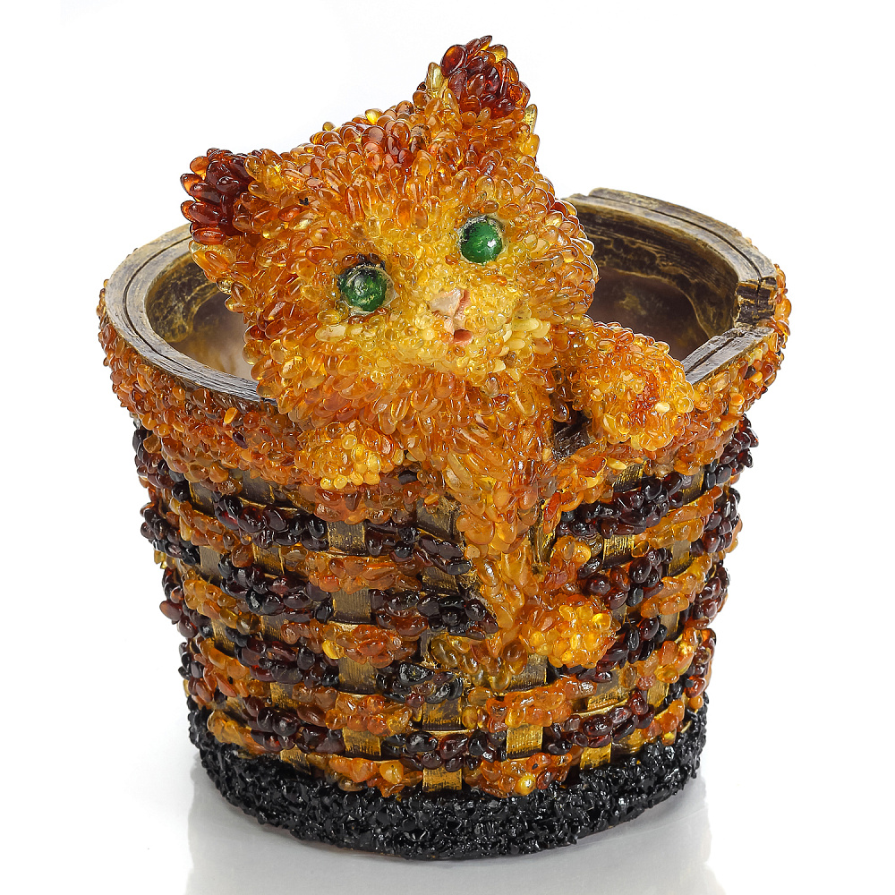 Скульптура-кашпо из янтаря «Кот в корзинке» - интернет магазин Русь Велика я фото 1