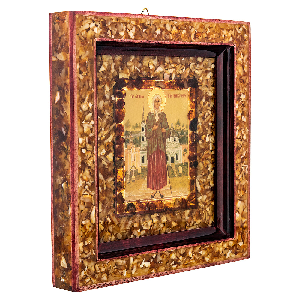 Икона янтарная в киоте «Ксения Петербургская» 26х24 см - интернет магазин Русь Велика я 
