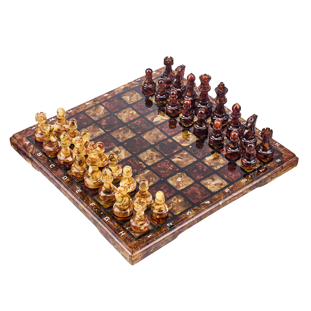 Шахматы с янтарными фигурами 28х28 см - интернет магазин Русь Велика я 