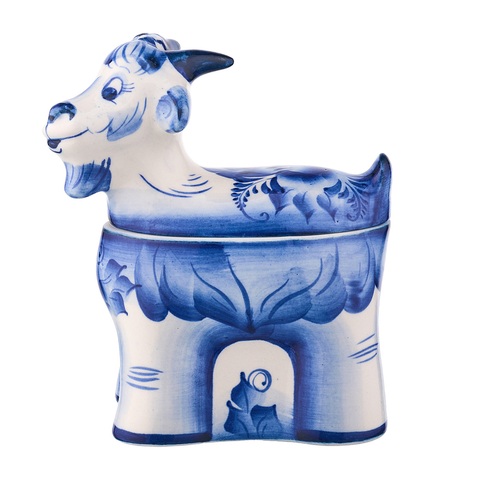 Шкатулка фарфоровая с росписью «Коза». Гжель - интернет магазин Русь Велика я 