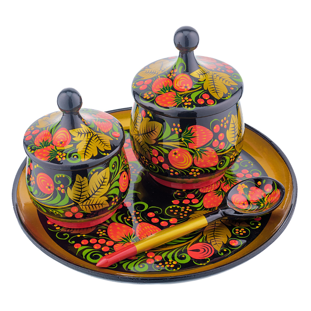 Набор деревянной посуды для кухни с росписью «Клубника». Хохлома - интернет магазин Русь Велика я фото 1