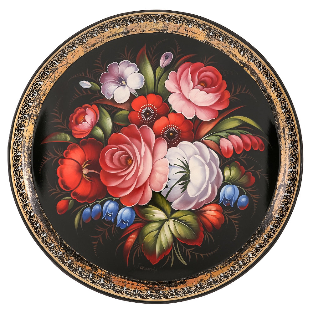 Поднос с авторской росписью «Цветы» 44х44 см - интернет магазин Русь Велика я 