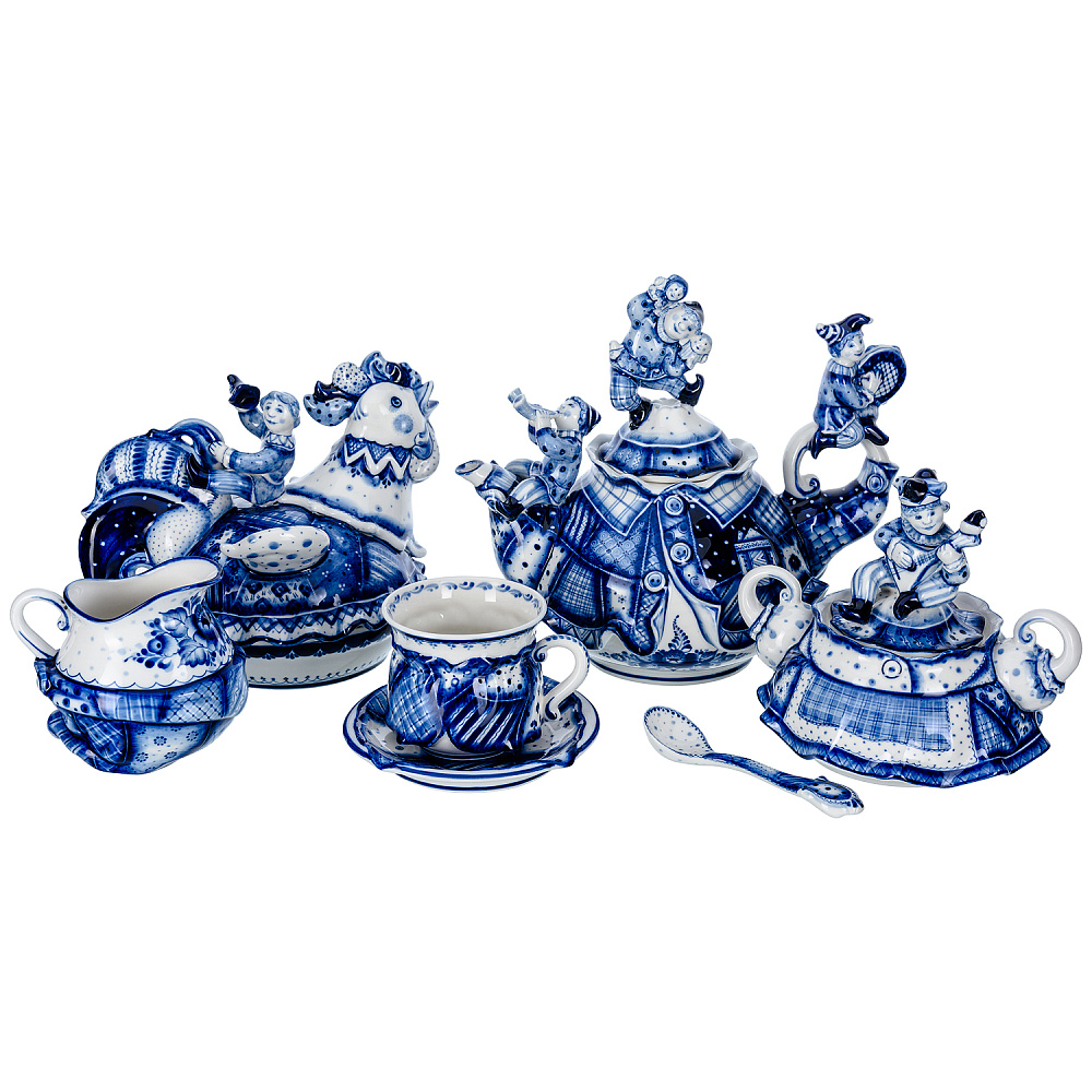 Чайный сервиз на 6 персон «Скоморошьи забавы». Гжель - интернет магазин Русь Велика я фото 1