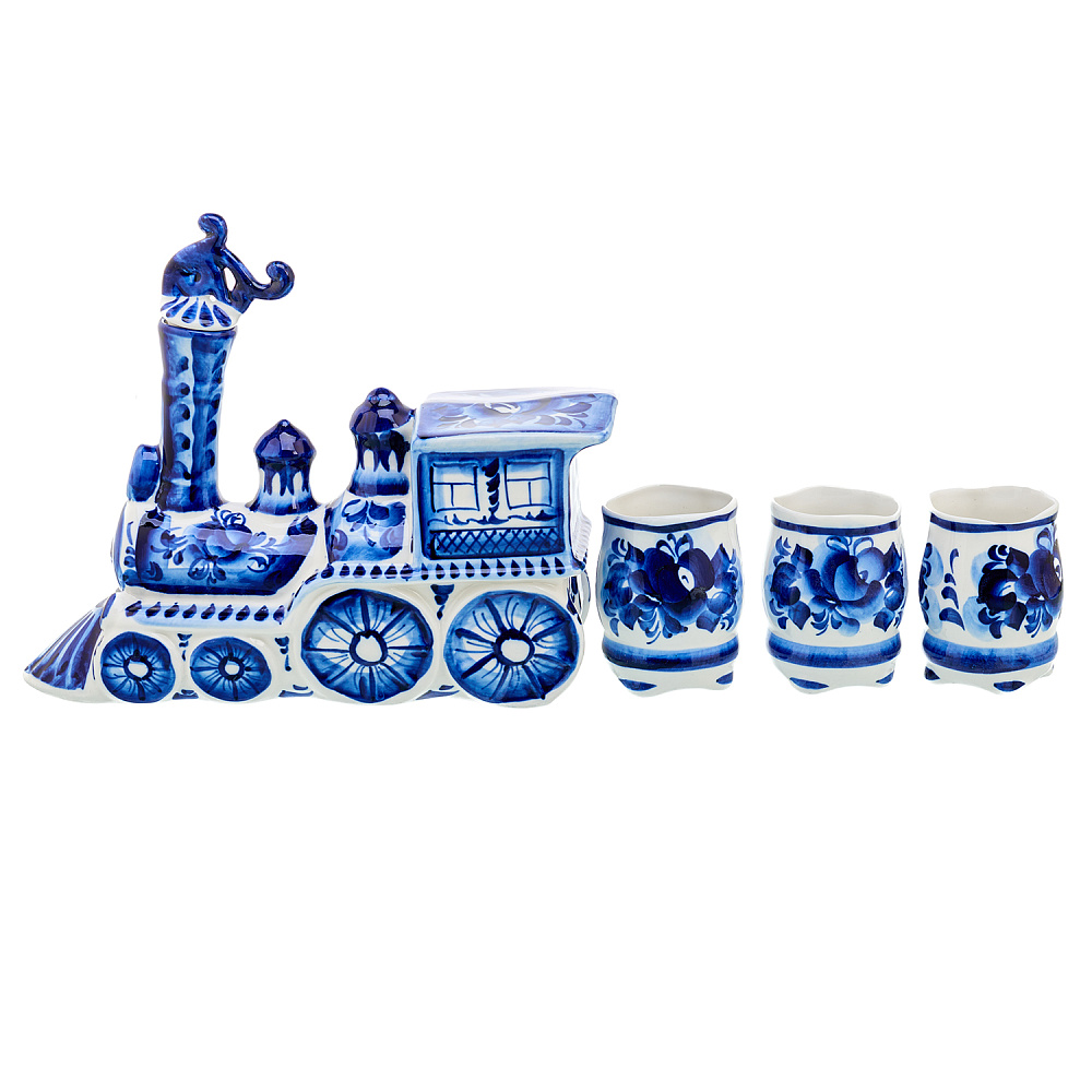 Штоф со стопками «Паровоз». Гжель - интернет магазин Русь Велика я 