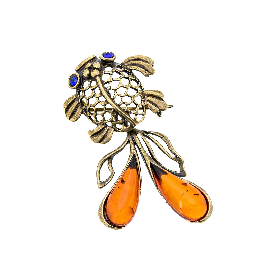 Брошь с янтарной вставкой «Рыбка» - интернет магазин Русь Велика я 