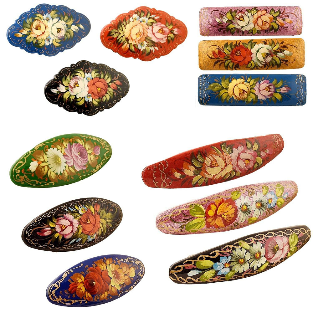 0013104-6см-овал Сувенир ЗАКОЛКА ДЛЯ ВОЛОС ЖОСТОВО Ручная роспись  в ассортименте - интернет магазин Русь Велика я 