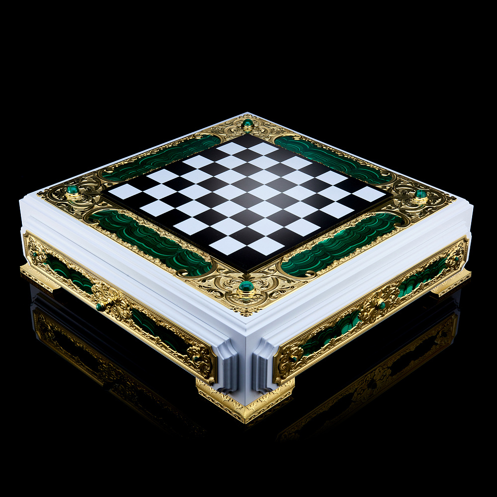 Шахматы «Баталия» в ларце из малахита 54х54 см. Златоуст - интернет магазин Русь Велика я фото 3