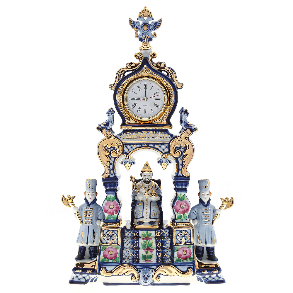 Часы настольные «Царский трон». Гжель в цвете и золоте - интернет магазин Русь Велика я 