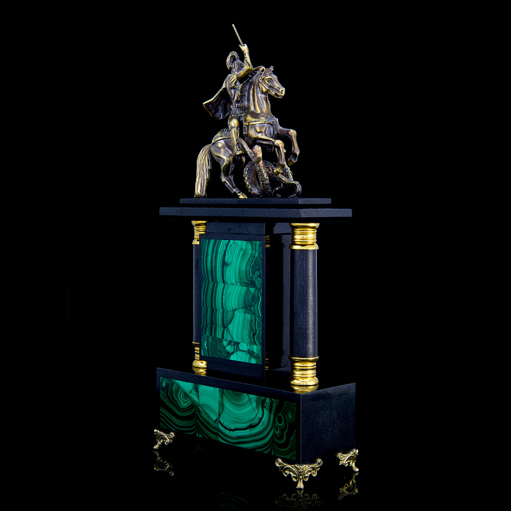 Часы настольные из малахита и латуни с позолотой «Г. Победоносец». Златоуст - интернет магазин Русь Велика я фото 2