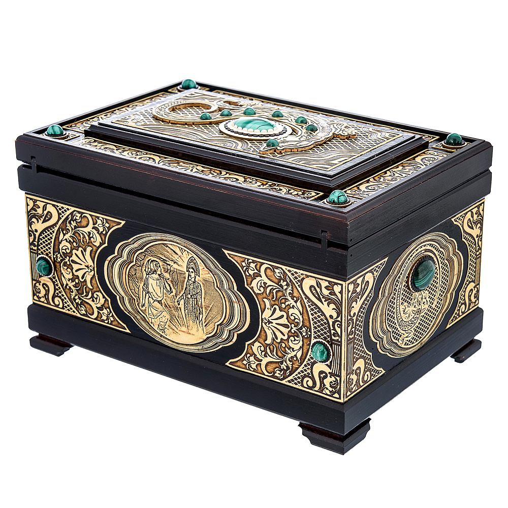 Прямоугольная шкатулка из бересты с малахитом - интернет магазин Русь Велика я фото 1