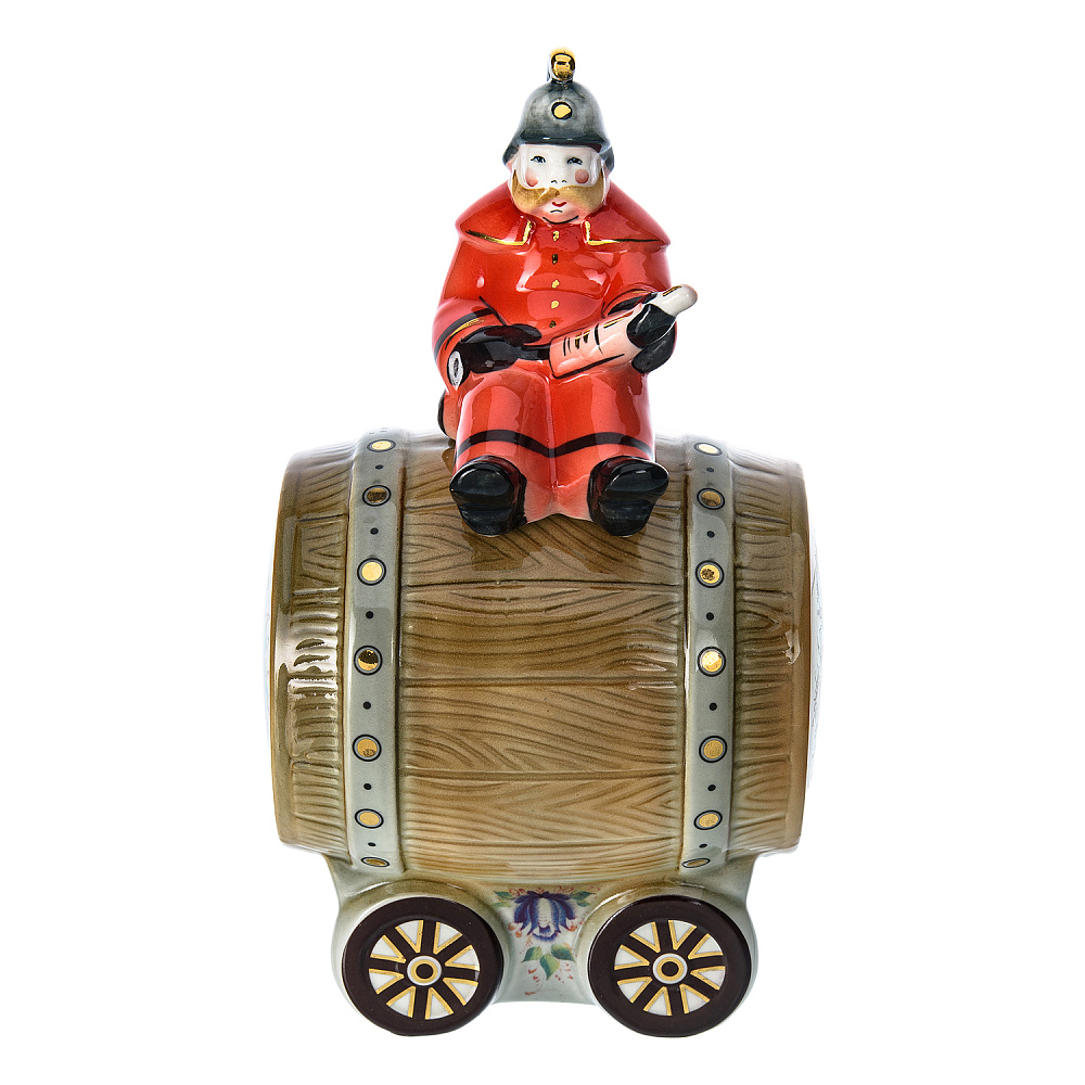 Штоф фарфоровый 700 мл «Пожарный на бочке». Гжель в цвете - интернет магазин Русь Велика я фото 1