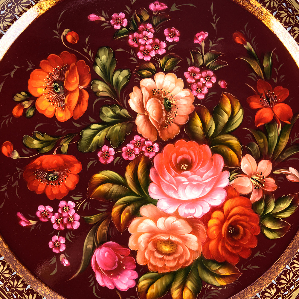 Поднос с авторской росписью «Цветы» 44 см - интернет магазин Русь Велика я фото 1