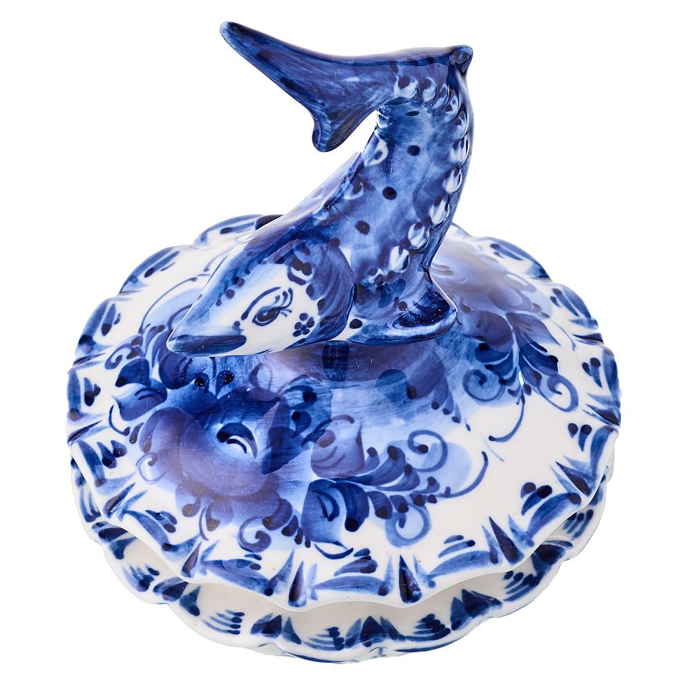 Икорница фарфоровая с росписью «Осетр». Гжель - интернет магазин Русь Велика я фото 1