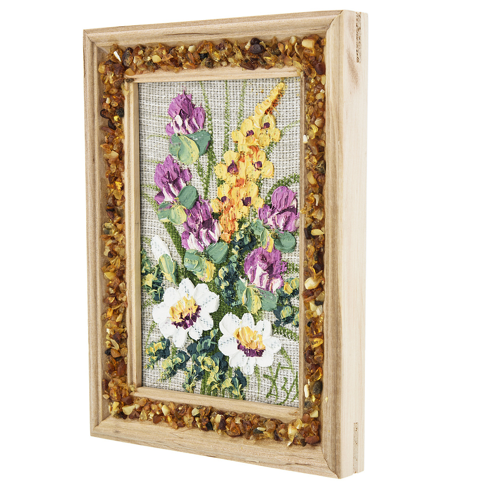 Панно в янтарной раме «Букет цветов» 12,5х16,5 см - интернет магазин Русь Велика я фото 1