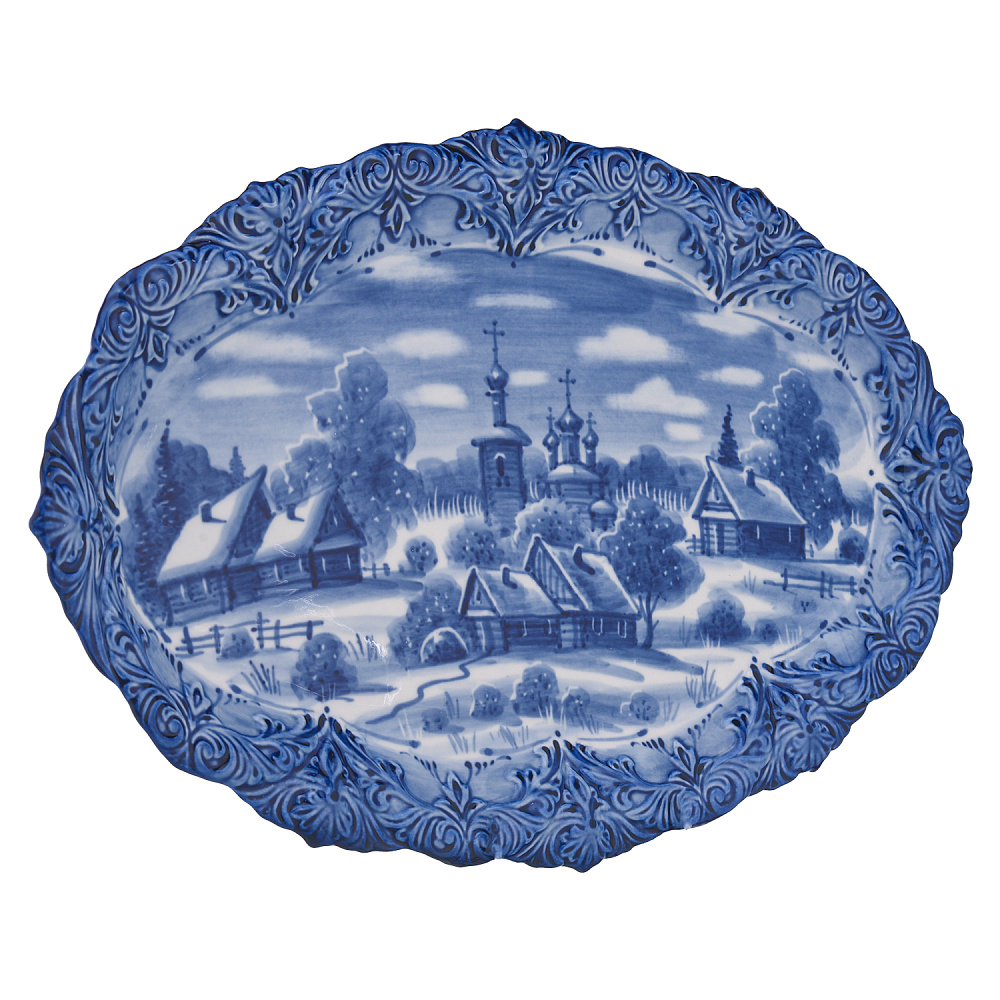 Тарелка декоративная «Зима в деревне». Гжель - интернет магазин Русь Велика я фото 2