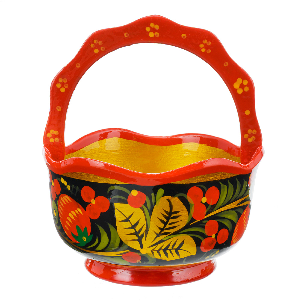 Корзинка деревянная с росписью «Клубника». Хохлома - интернет магазин Русь Велика я 