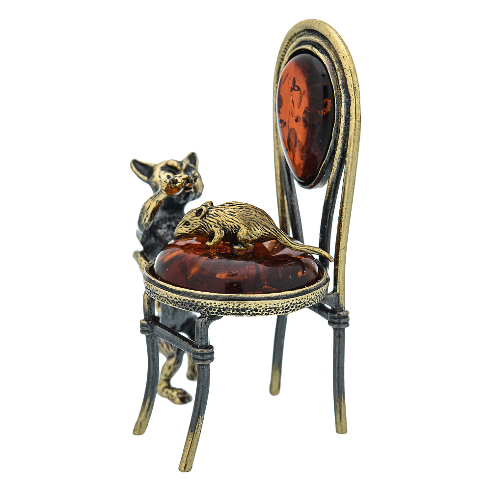 Статуэтка с янтарем «Кот и мышка на стуле» - интернет магазин Русь Велика я фото 2