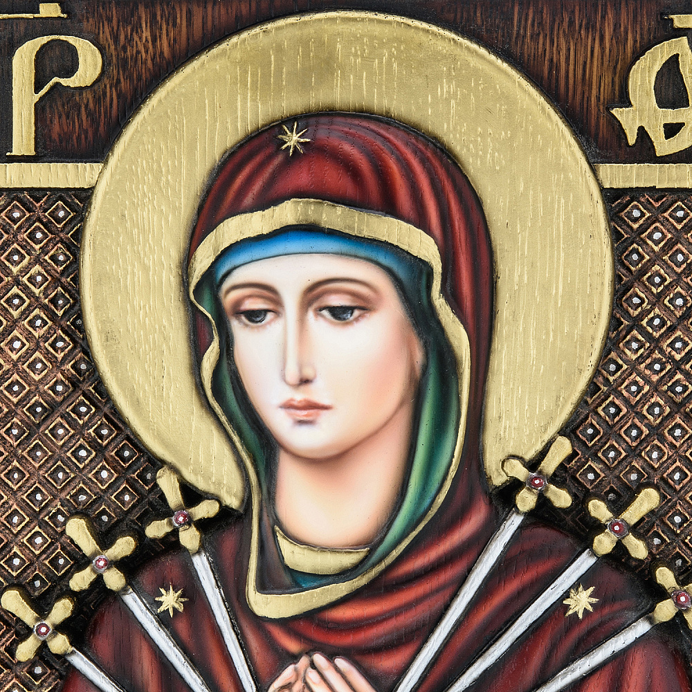 Деревянная резная икона «Божья Матерь Семистрельная» 34х28 см - интернет магазин Русь Велика я фото 2