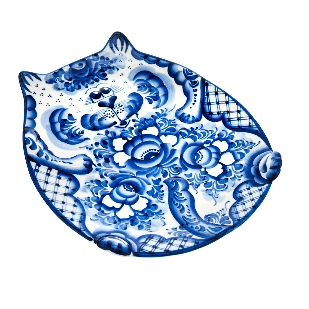 Блюдо «Кот». Гжель - интернет магазин Русь Велика я фото 1