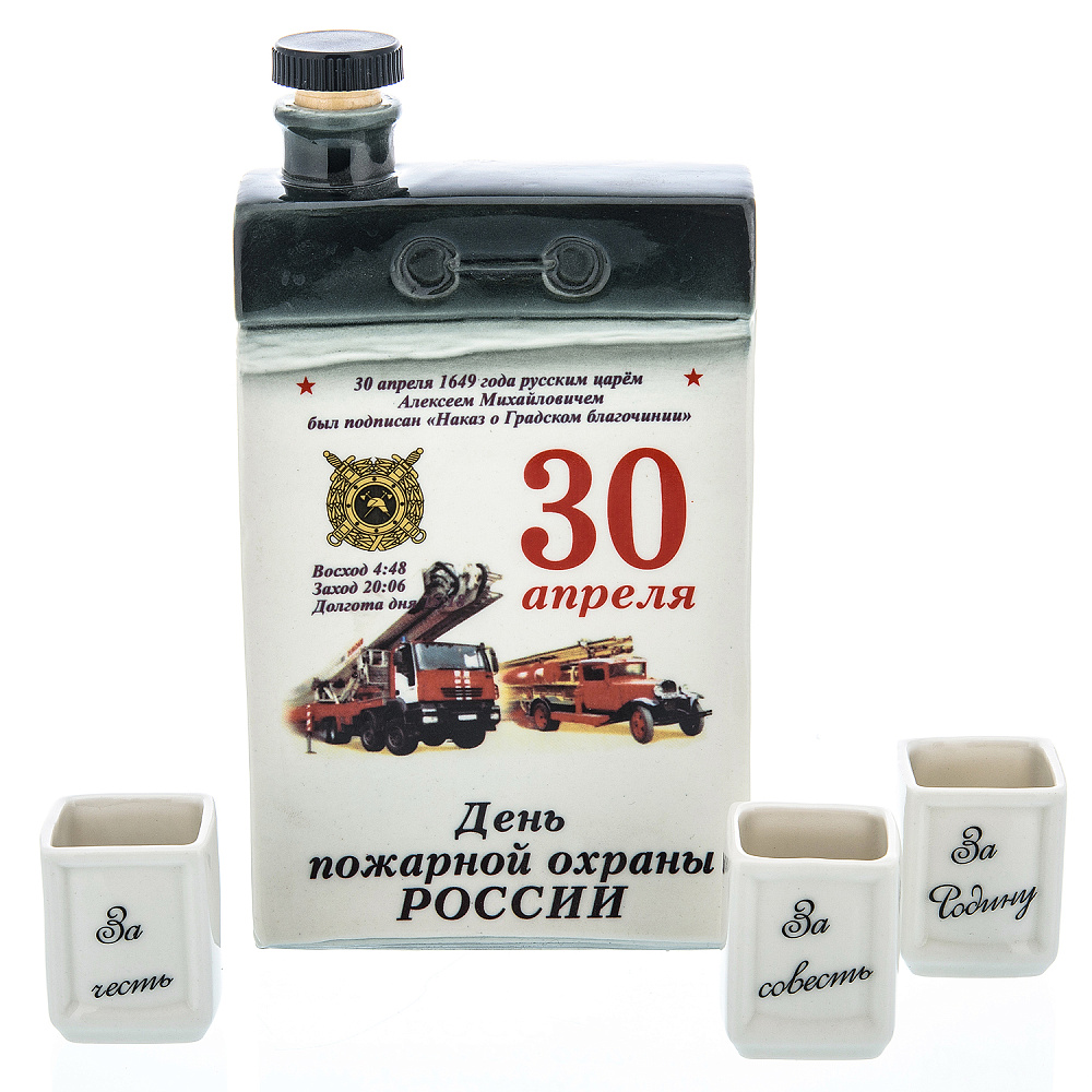 Штоф со стопками «Календарь. День Пожарной Охраны». Гжель - интернет магазин Русь Велика я 