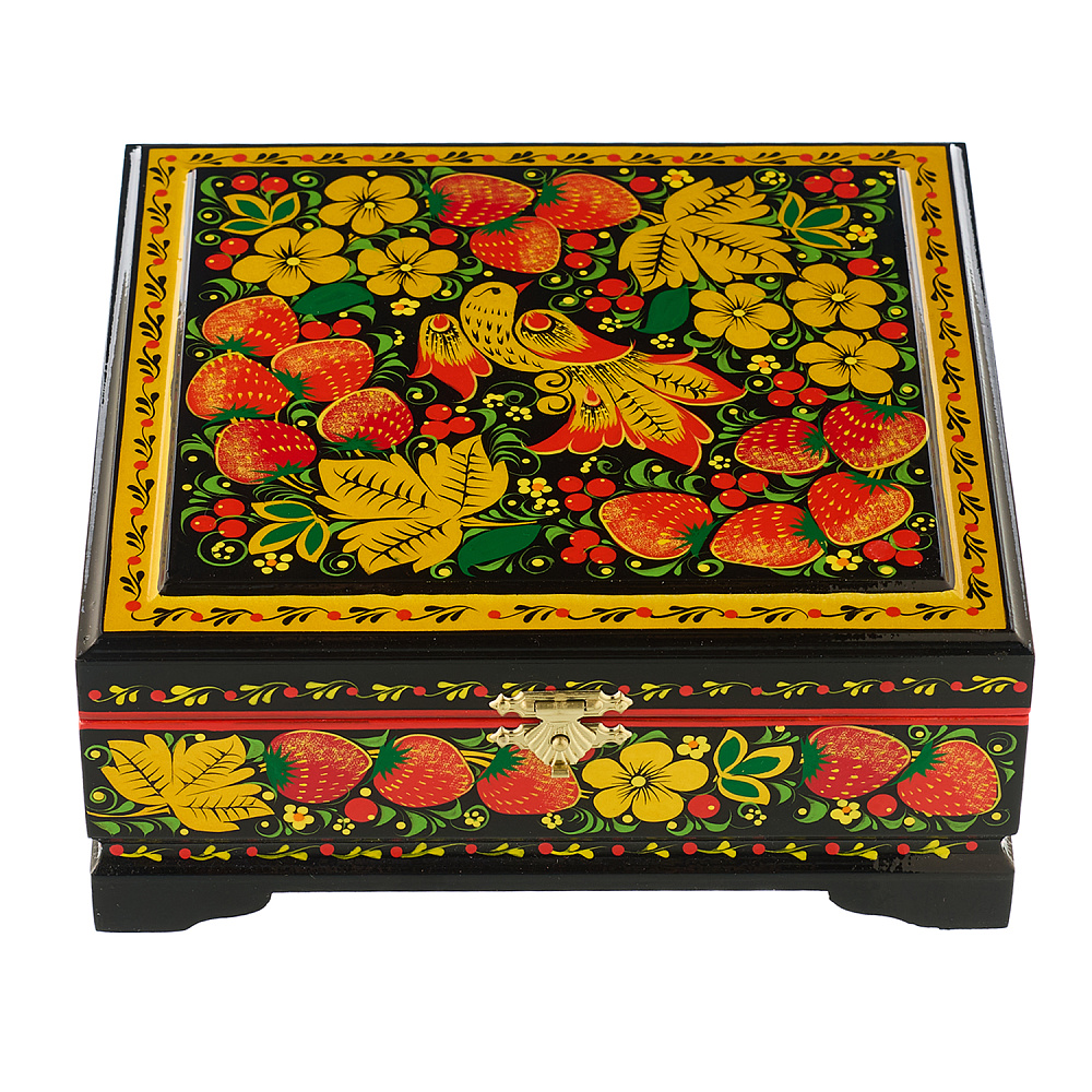 Шкатулка «Птица и клубника». Хохлома - интернет магазин Русь Велика я 