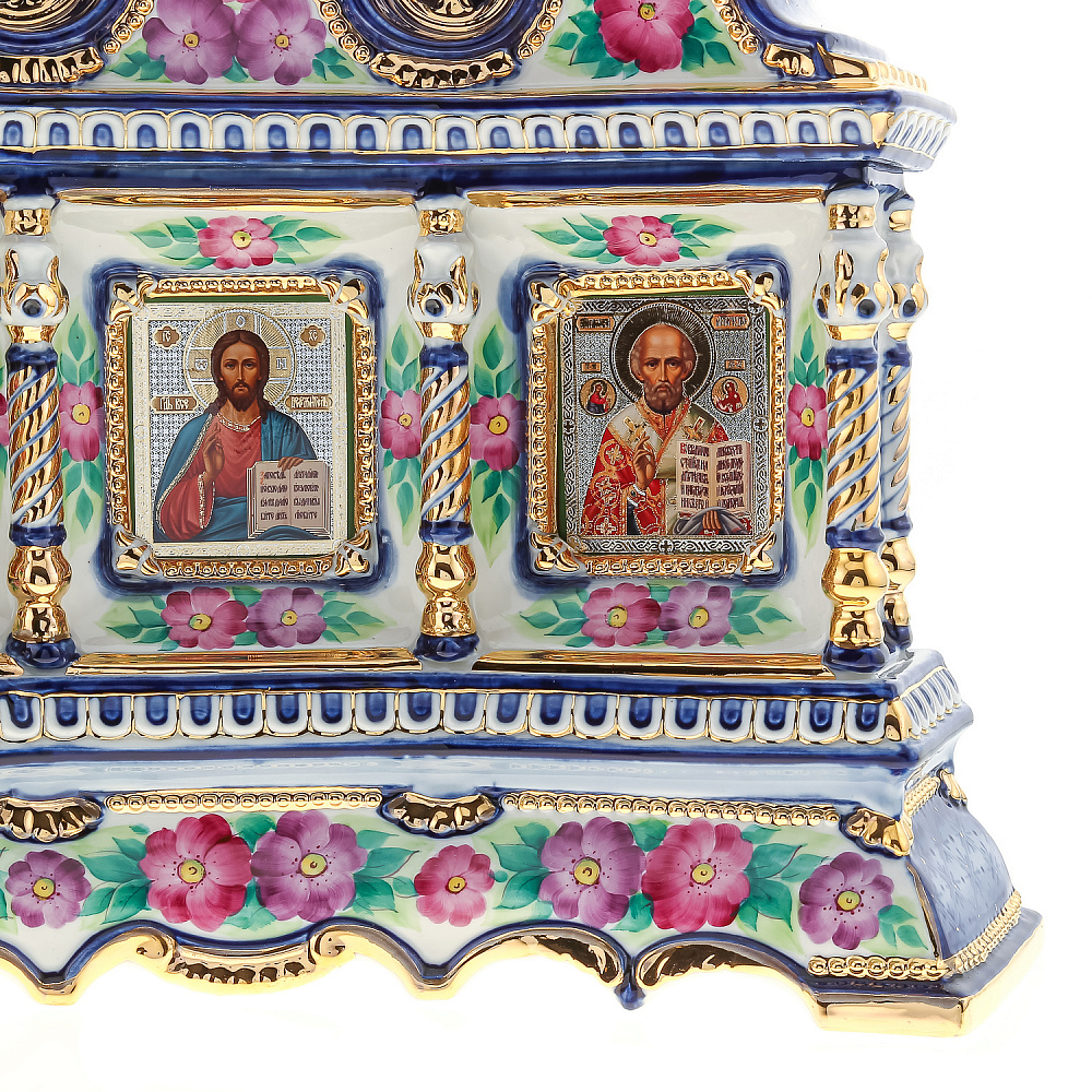 Киот настольный «Вседержитель, Божья Матерь, Николай Чудотворец». Гжель 40х40 см. - интернет магазин Русь Велика я фото 4