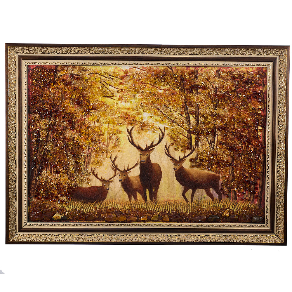 Картина янтарная «Олени» 60х40 см - интернет магазин Русь Велика я 