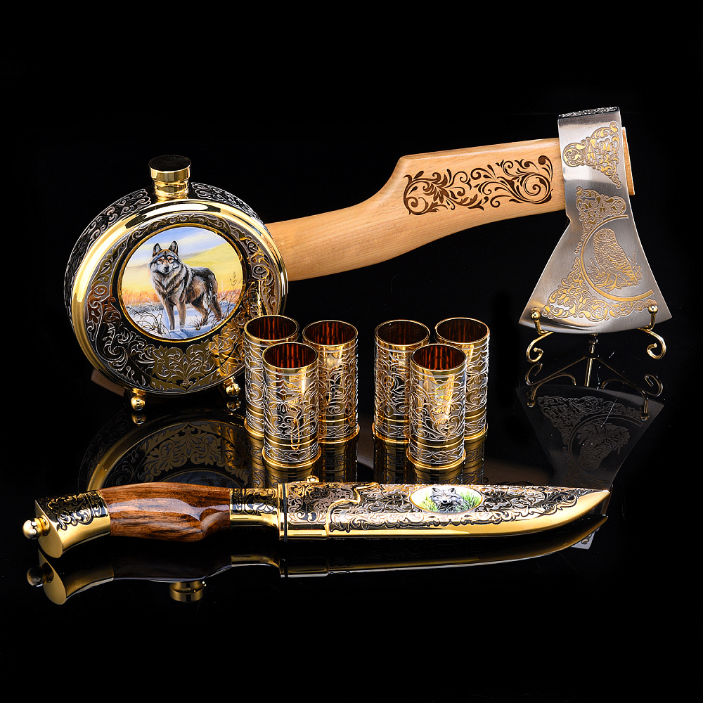 Питейный набор охотника «Волк». Златоуст - интернет магазин Русь Велика я 